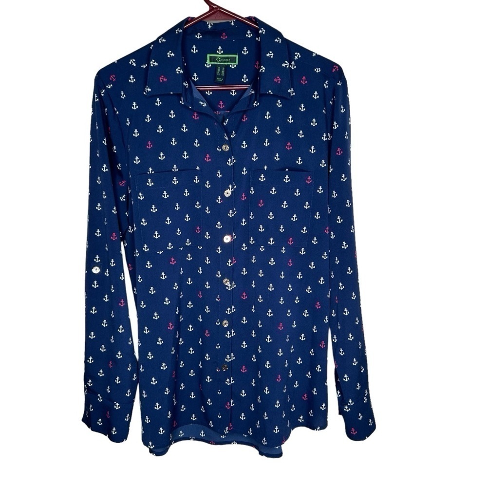 C. Wonder Women’s Anchor Print Button Front "Carrie" Blouse Navy Size 10 - Picture 4 of 7
